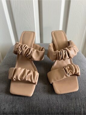 Ruched Strap Nude Chunky Heel Mules